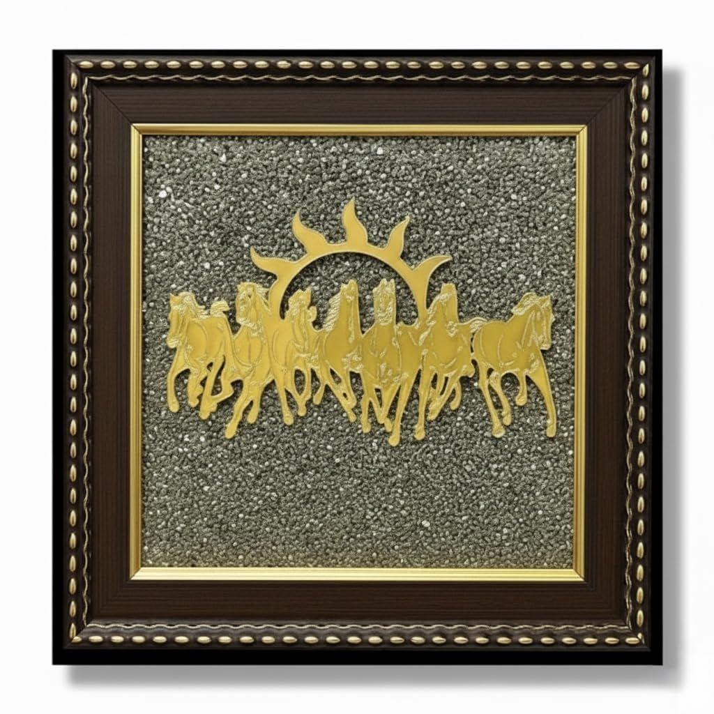 

Real Crystal Running 7 Horses on Raw Pyrite Frame with Sun (Seven Horse Vastu) |