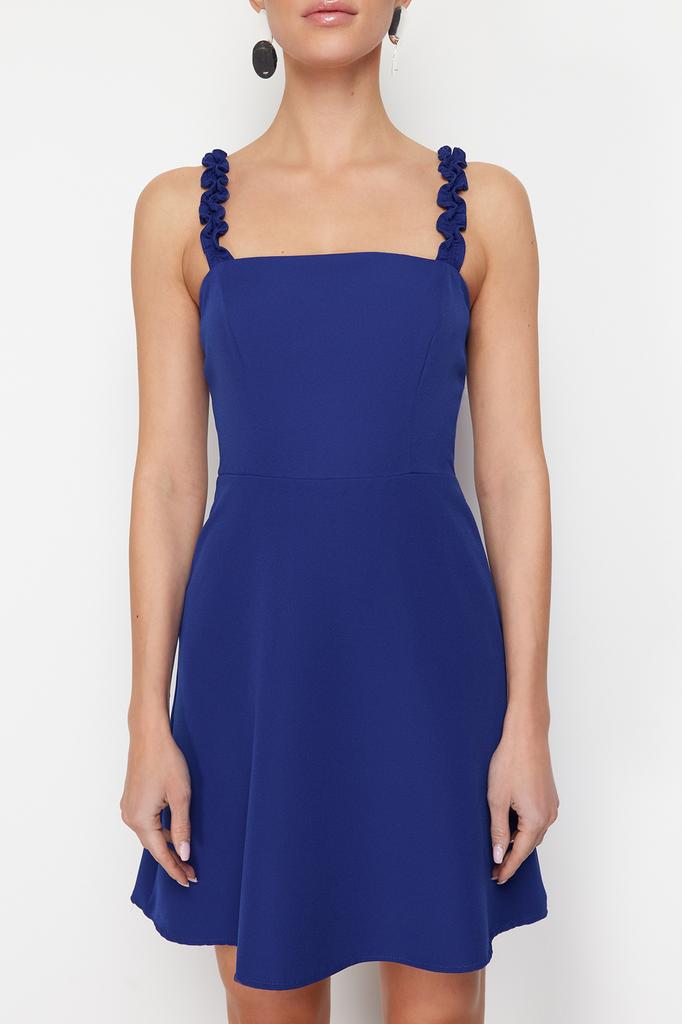 Women's Dress New Season Fashion Indigo A-Line Square Collar Strap Detailed Mini Woven Dress