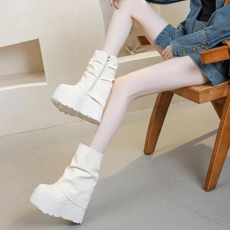 Fashion 14CM Microfiber Leather Autumn Boots Flats Plush Ankle Booties Women Platform Wedge Thick Sole Motorcycle Winter Shoes