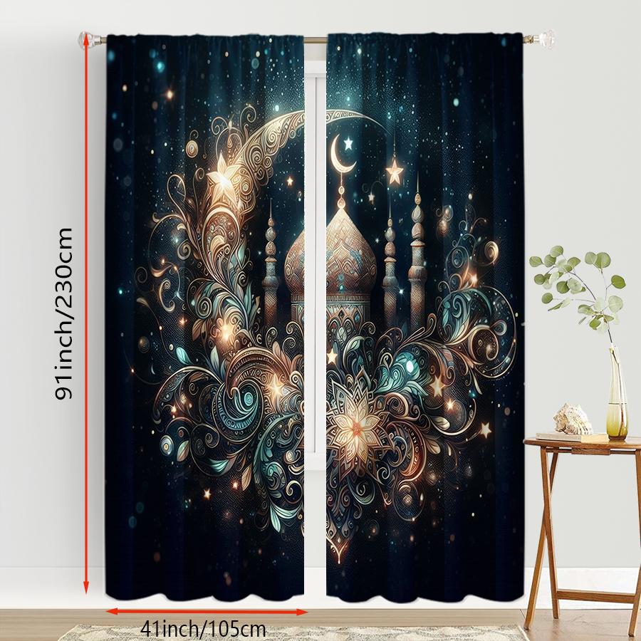 2 Stück Sternenhimmel Vergoldete Islamische Muster Vorhänge, Verträumter Stil, Wohnzimmer und Schlafzimmer, Gardinenstangen-Tasche Dekoration