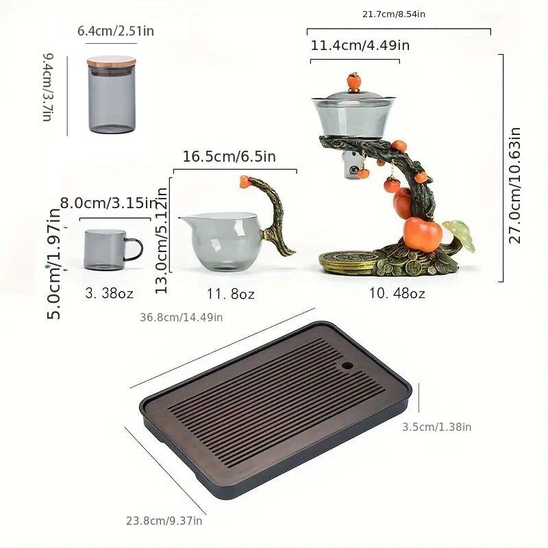 1 Set of Magnetic Lazy Tea Set - Automatic Persimmon Glass Teapot, Tea Cup, Tea Canister, Tea Tray Ideal Gift for Tea Lovers