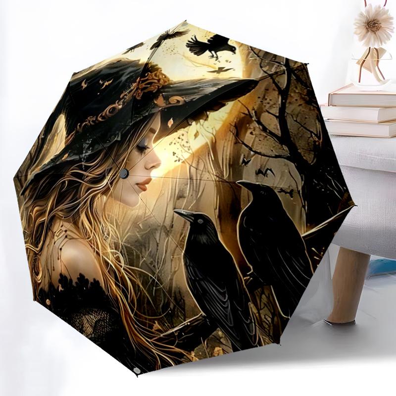 1pc Witch's Moonlit Journey Cartoon Umbrella, Portable 3-Fold Compact Umbrella, Suitable for Camping, Hiking and Travel, Ideal Easter Birthday Gi