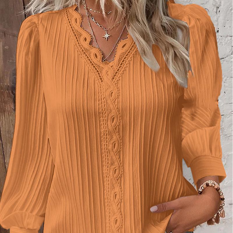 Plus Size Dame V-hals Langermet Bluse Blondekant Skjorte Høst Casual Kontorantrekk Topper