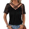 Letnia damska koszulka z dekoltem w serek, luźna, koronkowa, z krótkim rękawem