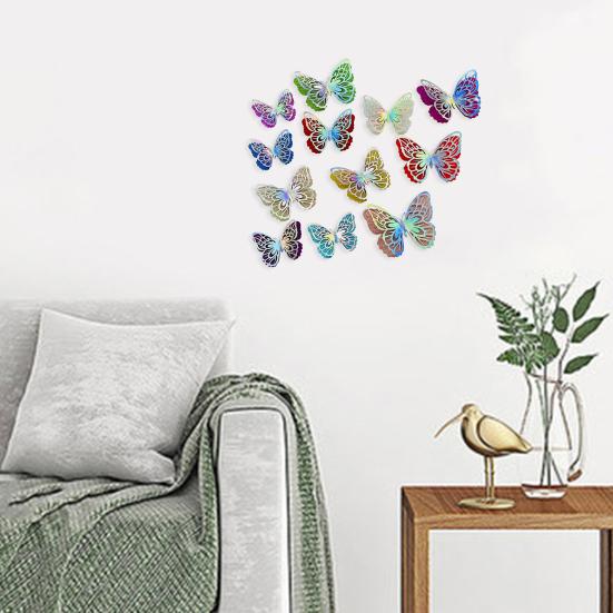 6 Pcs 3D Butterfly Wall Stickers Double-Layer Wing Butterfly Wall Art Glitter Sequined Removable Hollow Mural Decals for Birthday Cake Decoration