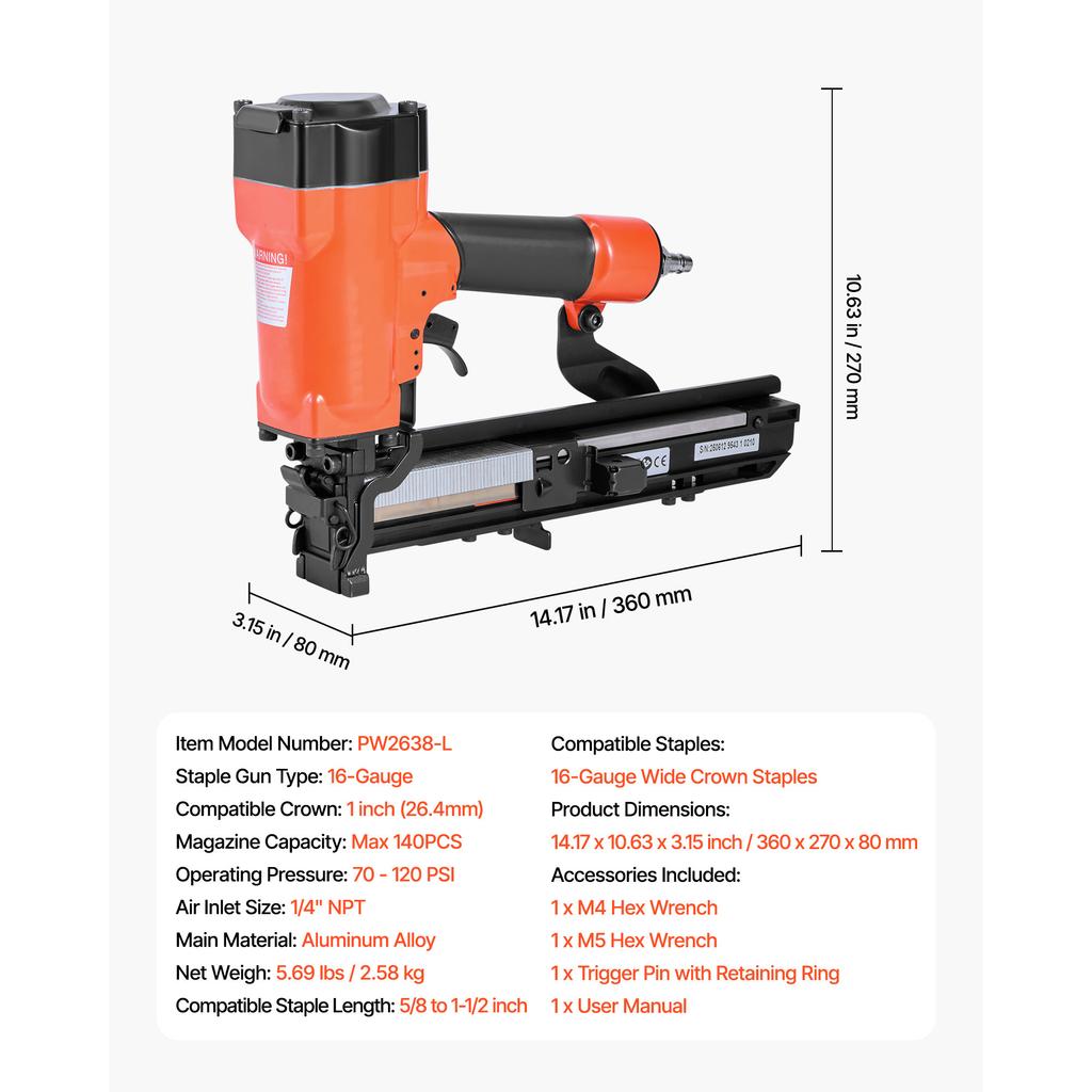 SucceBuy Pneumatic Staple Gun 16 Gauge 1-inch Wide Crown Pneumatic Stapler 5/8" to 1-1/2" Length for Roof Decking Wall Sheathing