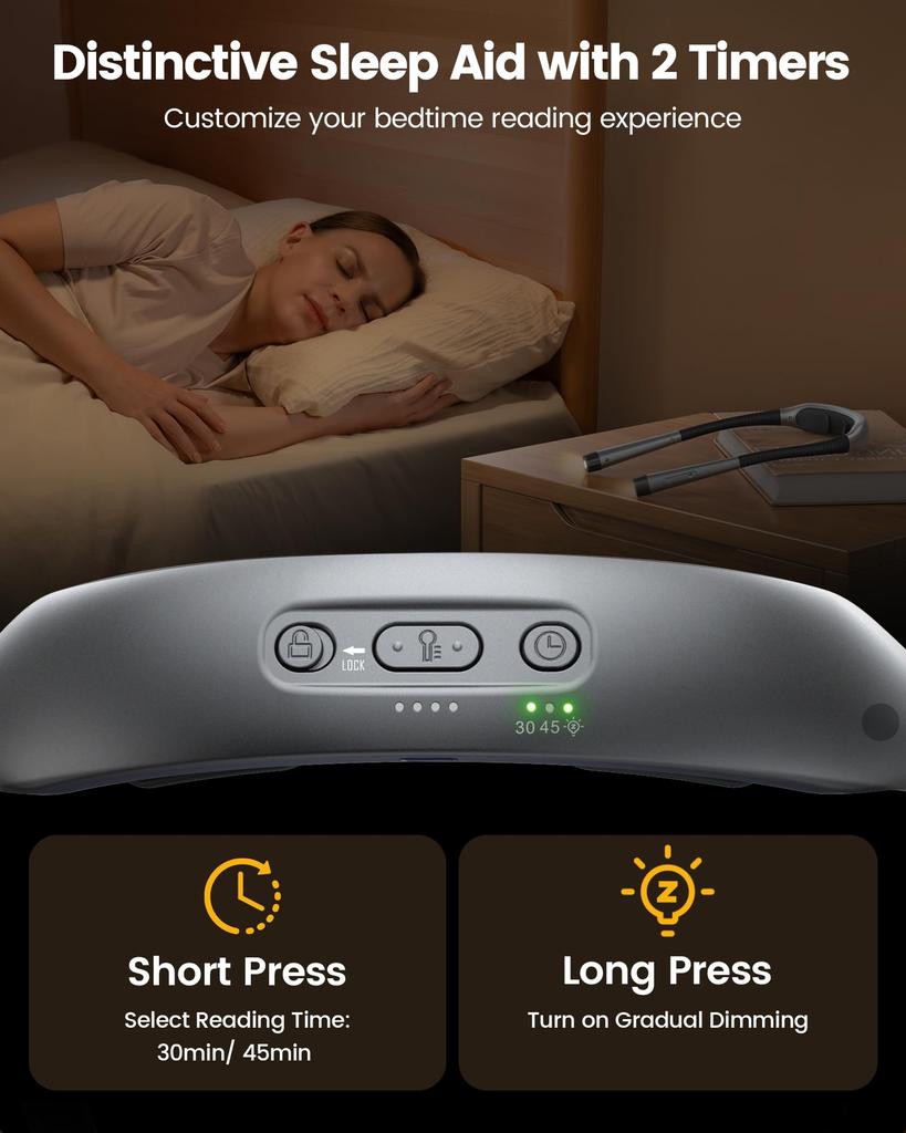 Glocusent Rechargeable Neck Light, Hands-Free Reading Lamp, 1600mAh, Lock Function, Timer and Sleep Aid, for Walking, Fishing, Crafts, Reading
