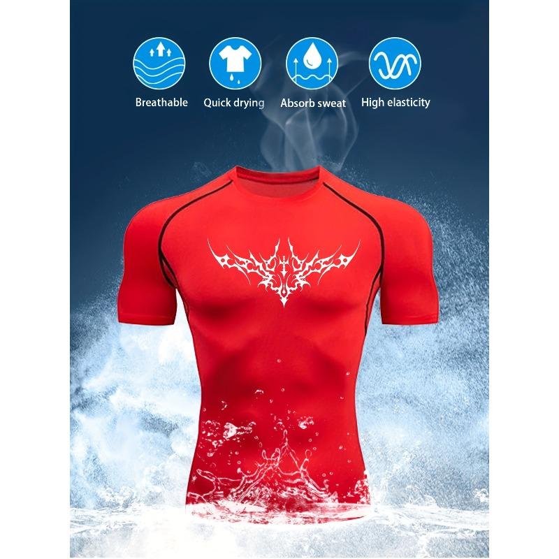 Men's Black Tribal Print Compression T-Shirt, Quick Dry Breathable Athletic Workout Top