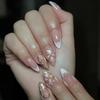Medium Almond Press On Nail French Tip False Nail with Flower Design and Gold Stripe Full Cover for Women 24Pcs