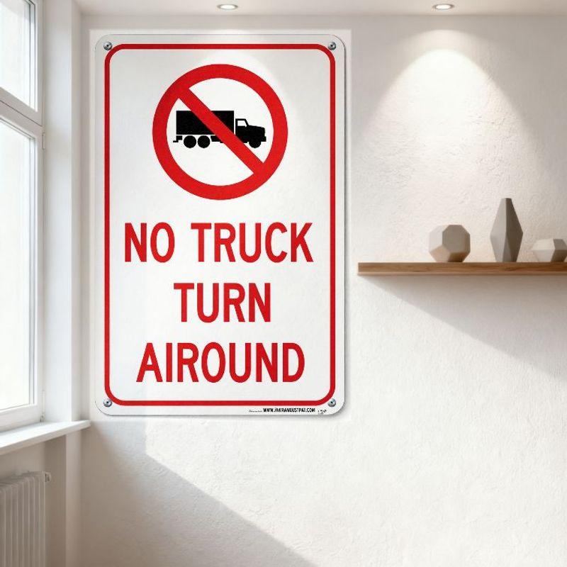 No Truck Turn Around Metal Tin Sign - Prohibition Sign with Red Border & Warning Symbol, Vintage Traffic Sign for Home Cafe Bar