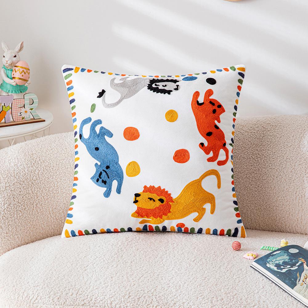 Line Cute Cushion Cover Zoo Print Baby Embroidered Durable Pillow Cases Mid Century Aesthetic Modern Boho For Kids Bedding