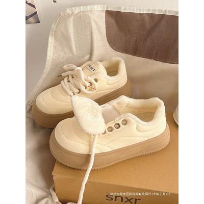 2 New Velvet Little White Shoes Women's Winter Warm Cotton Shoes Women's Versatile Platform Bread Shoes Sports and Leisure Board Shoes
