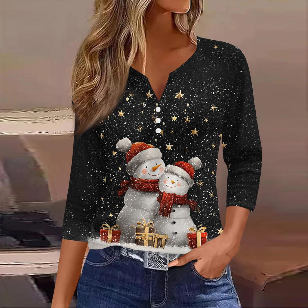 Women's Fashion Casual Christmas Tree Print V-Neck Decorative Button Three-Quarter Sleeve T-Shirt Top