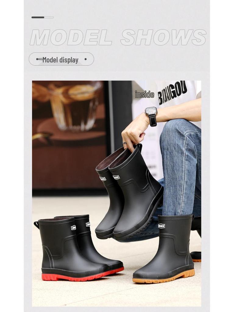 Men's British Style Waterproof Mid-Calf Rubber Rain Boots with Elastic Cuff - Non-Slip Winter Outdoor Fashion