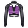 Girls Dance Performance Top Color Block Design Mock Neck Sheer Mesh Sleeves Back Cutout Rhinestone Crop