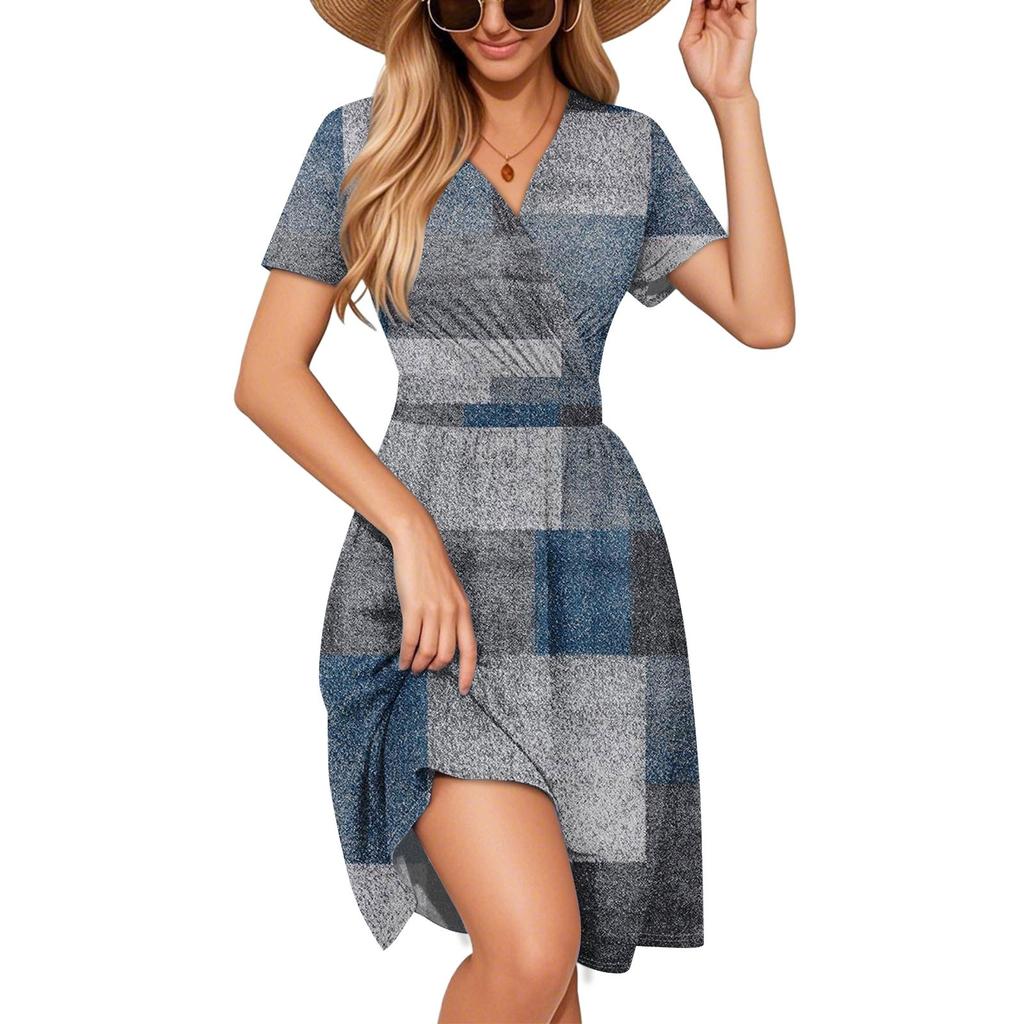 Women's Dress Is Elegant And Casual, Featuring A Colorful Printed V-neck Short-sleeved Dress