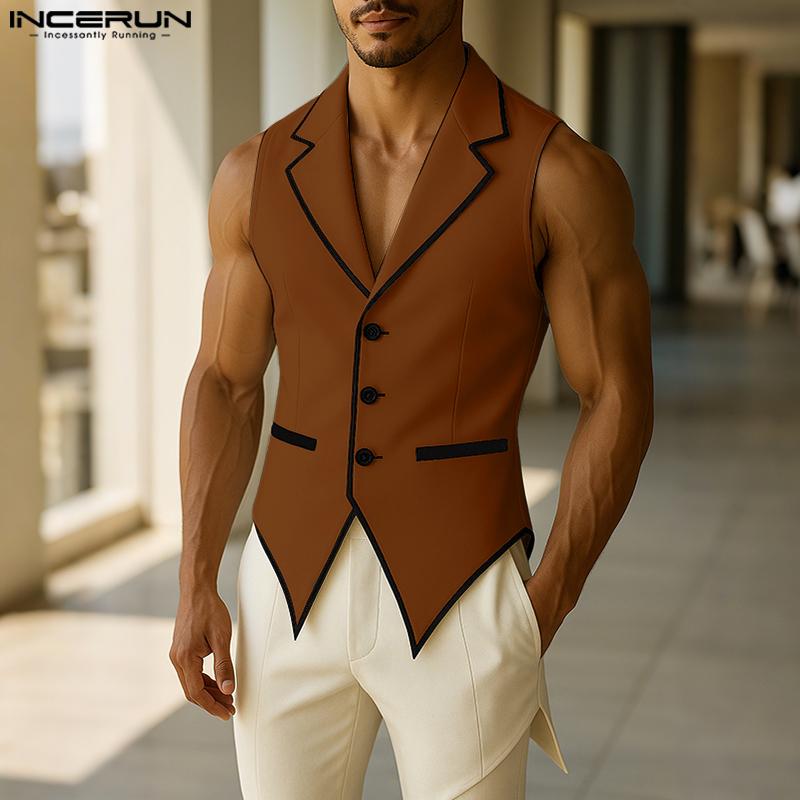 INCERUN Men Notched Lapel Sleeveless Irregular Stitching Casual Thin Vest Waistcoat