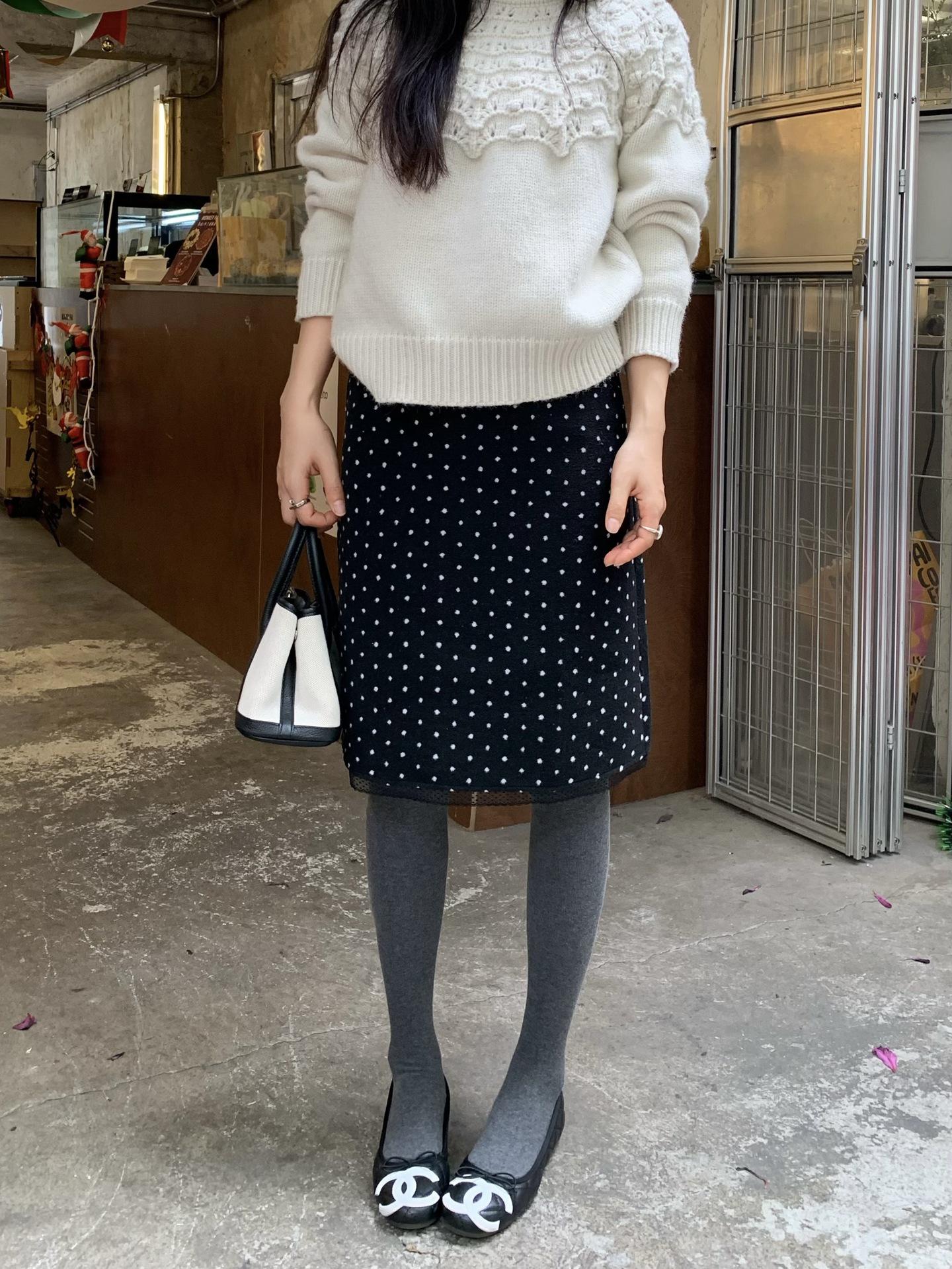 Korean Retro Polka Dot High-Waisted Wool Skirt with Lace Trim Large чёрный