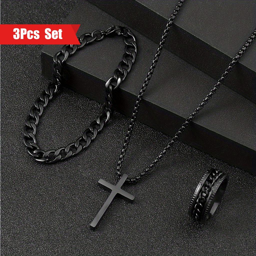 Stylish Womens Fashion Cross Jewelry Set Alloy Necklace, Ring Bracelet 3-Pack