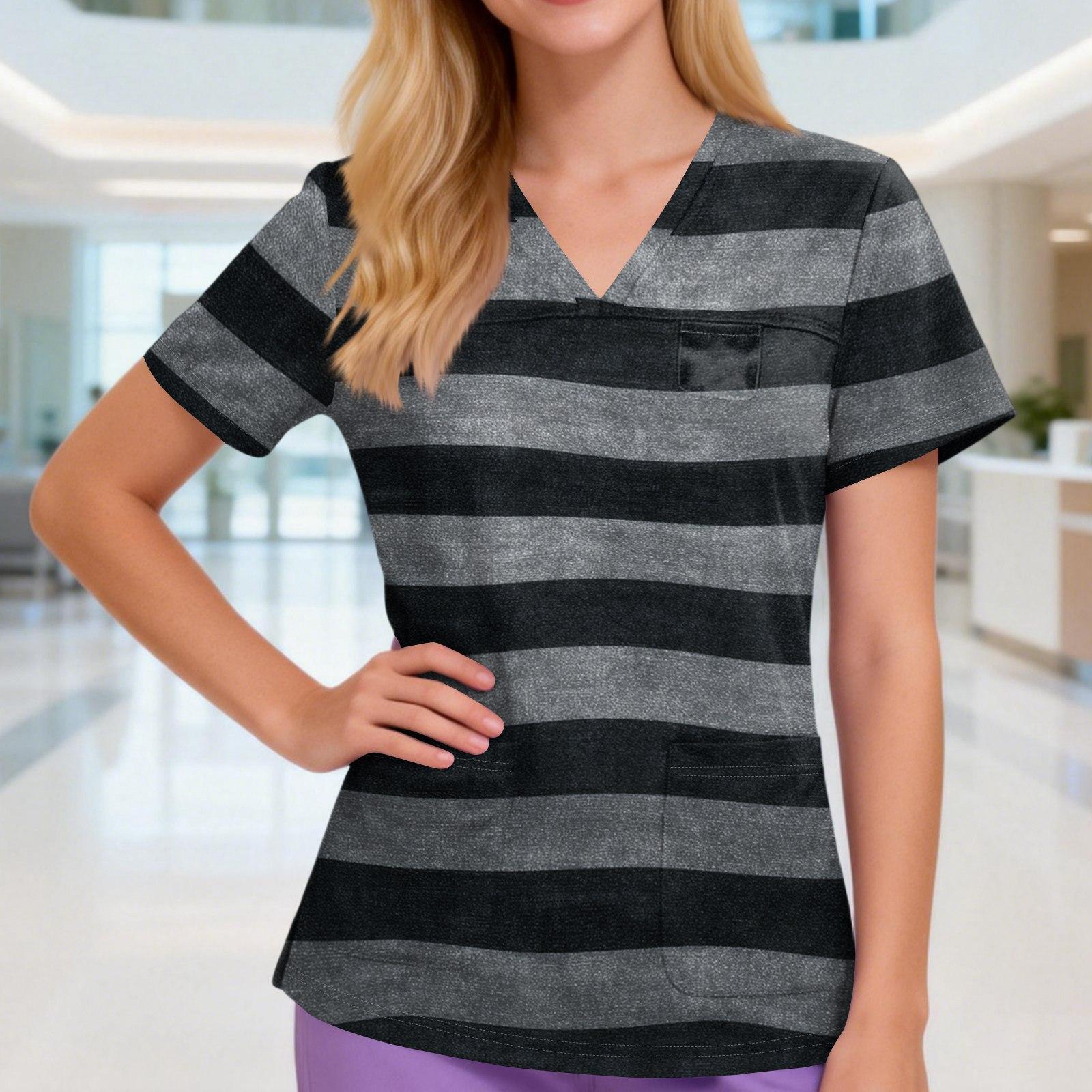 

Women s V-neck Three-pocket Short-sleeved Striped Printed Uniform/caregiver Top With Slits At The Hem XXXL чёрный