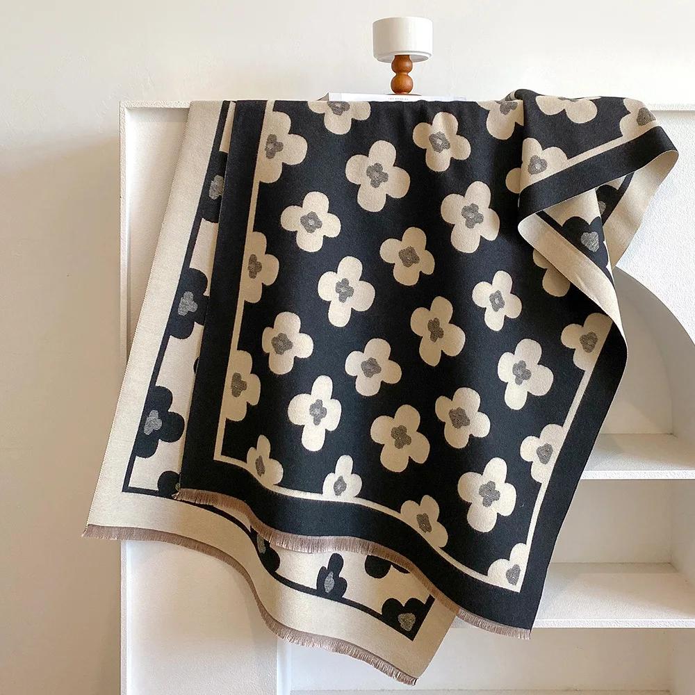 Winter Women's Scarf Luxury Design Double sided Cashmere Feel   Flower Warm Scarf Shawl Women's scarf winter