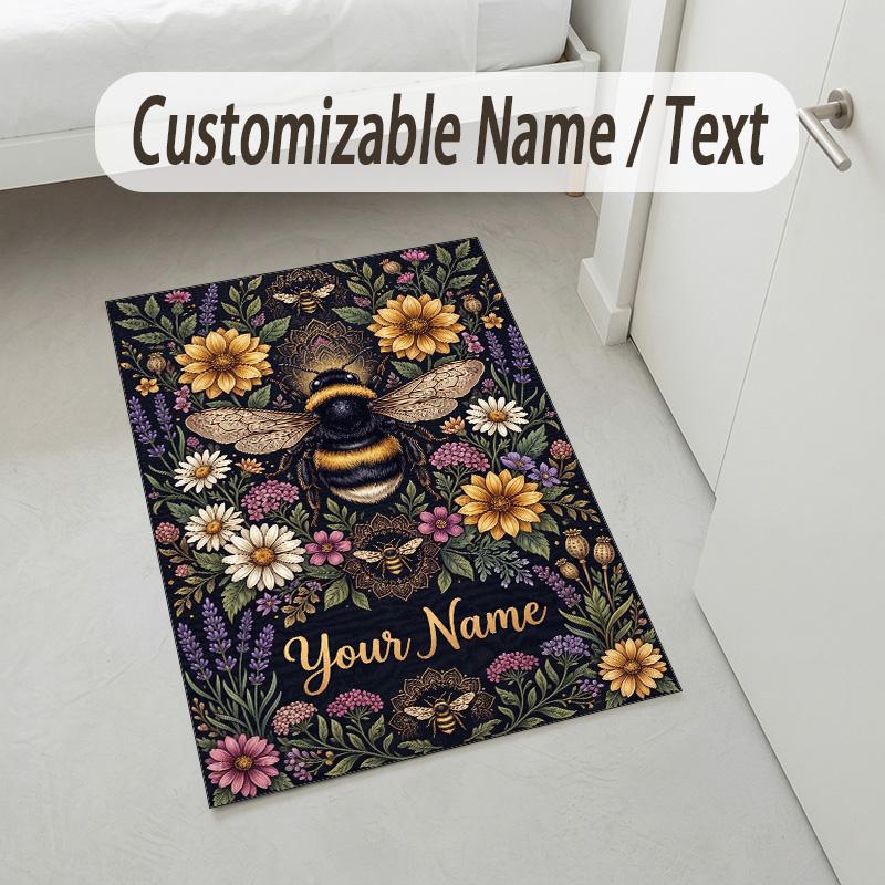 Bee Theme Soft Crystal Velvet Rug Custom Name & Text Print Non Slip Floor Rug for Bedroom Living Room