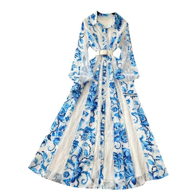 French Dress 2025 New Arrival Fashion Elegance Retro Lapels Long Sleeves Waist-Tight Lace Patchwork Printed Long Dress