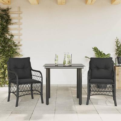 Vidaxl 3-Cz. Bistro Furniture Set with Cushions, Black, Poly Rattan