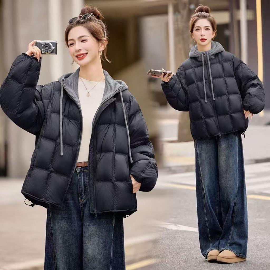 Knitted hooded puff cotton-padded clothes for  new fake two-piece loose cotton-padded clothes, warm and thickened cotton-padded jacket.