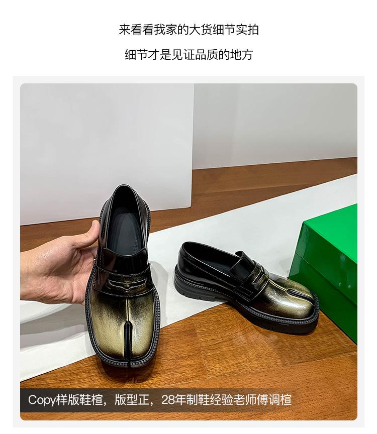 Top Version Mm6 Split-toed Shoes Women's Pig's Trotters Platform Loafers Genuine Leather Derby Lace-up Niche Trendy Shoes Bright Leather Small Leathe