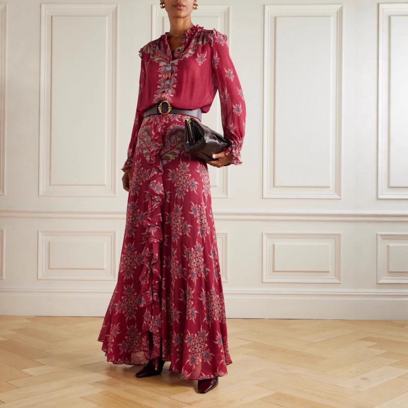 Retro Print Chiffon Long Sleeve Shirt & Ruffle Skirt Set for Women M