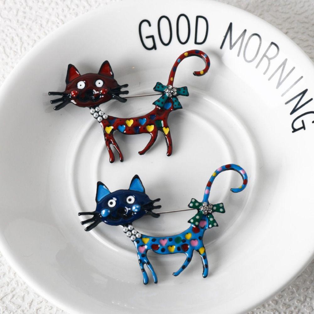 Rhinestone Vintage Enamel Brooch Retro Corsage Ornament Exquisite Dripping Oil Cat Brooch  for Gift