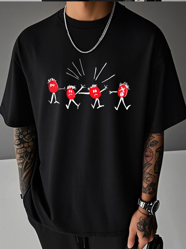 Unisex White Short Sleeve Tee Four Cartoon Red Tomato Stick Figures Explosion Graphic Crew Neck Loose Casual Male Daily Tops