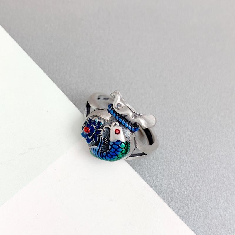 Adjustable 925 Sterling Silver Lotus Fish Ring for Men & Women - Chinese Style