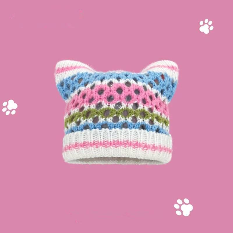 Playful Ear Cat Hand Knitted Beanie Hat For Women Charming Striped Design Perfect For Autumn And Fashion Winter