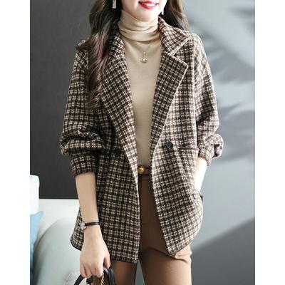 Autumn and Winter New Plus Velvet Padded Plaid Coat Loose Small Fragrance Slim Korean Woolen Coat Woman