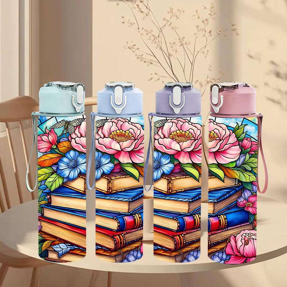 1PC Colorful Book Stack Rose Flower Art 750ml Color Plastic Sports Water Bottle Leakproof Flip Straw Lid Suitable for Sports Office Home Use