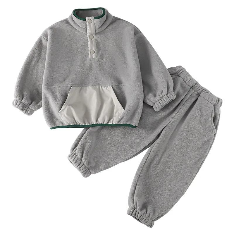 Winter Children Polar Fleece Sweatshirt Set Boys Girls Plus Velvet Thick Warm Suit Kids Casual Sports Outfits