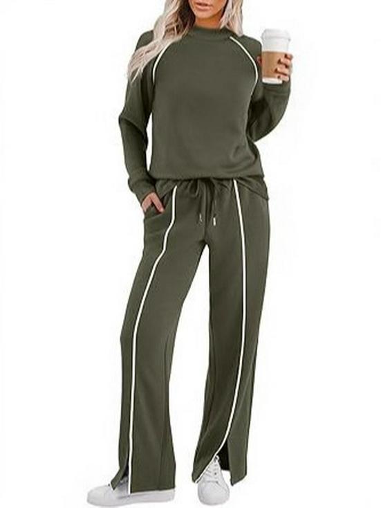 Women's Crew Neck Long Sleeve Stretch Pants and Slit Sweatshirt Set