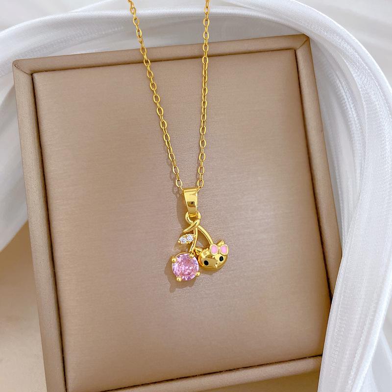 Cherry Cat Fashion Light Luxury Temperament Gorgeous Full Diamond Necklace Female Versatile Collarbone Chain Titanium Steel Chain