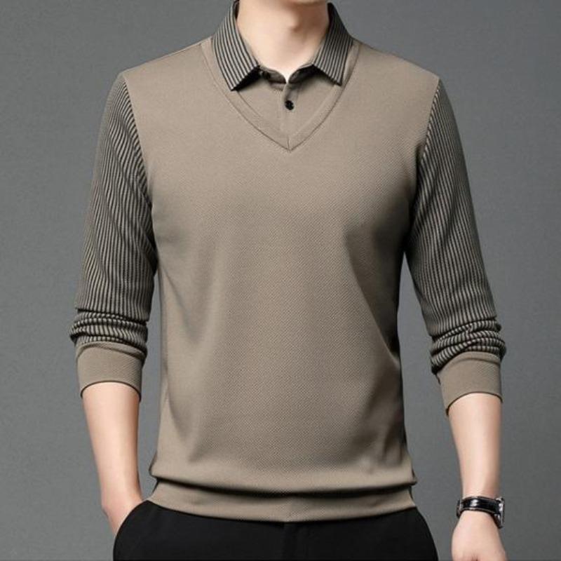 Uomo Autunno Primavera Camicia Collo Turn-down Finto Due Pezzi Maglione Patchwork Taglie Forti Righe Bottoni Stile Formale Business Uomo Top Ufficio