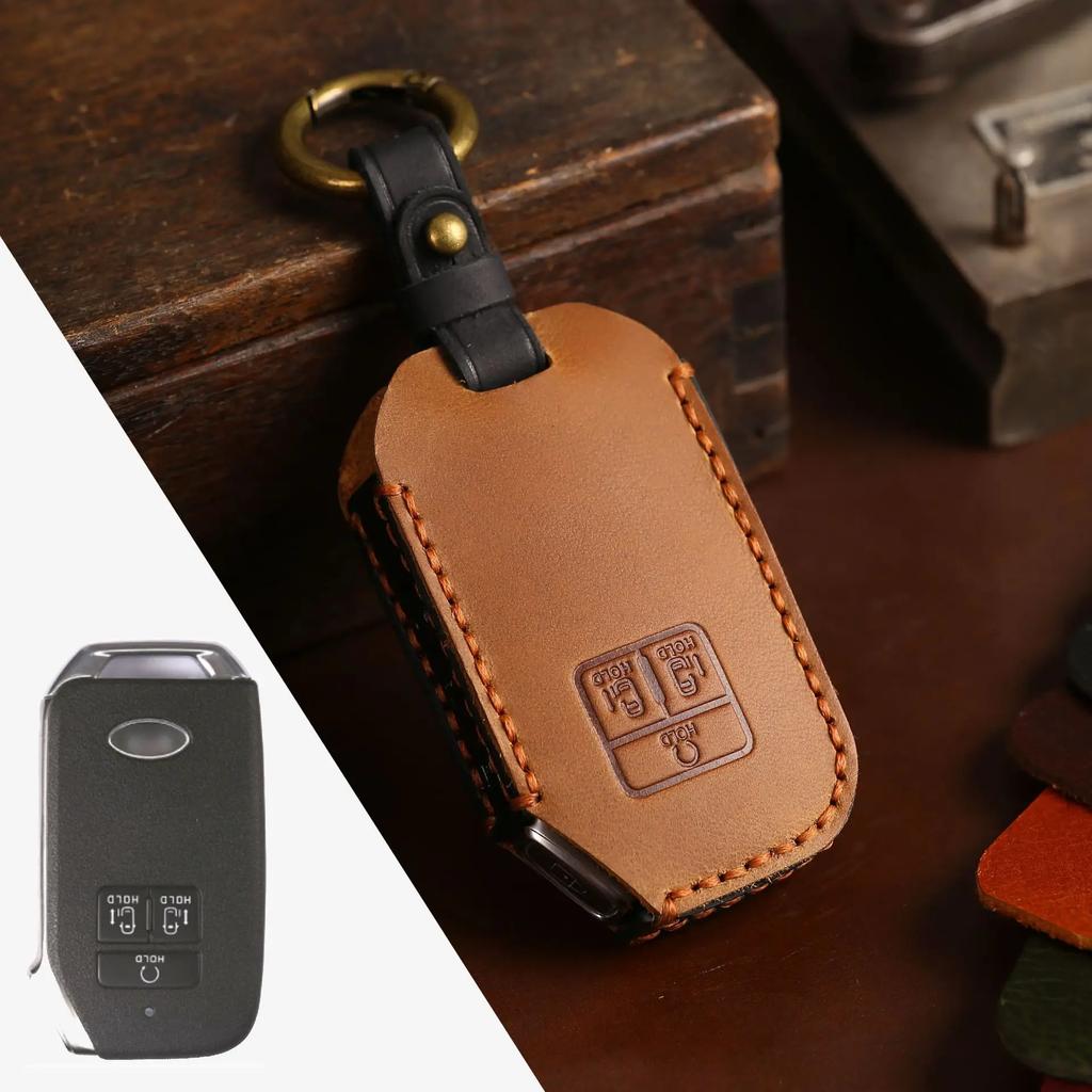 Leather Key Fob Case for Kia Carnival 7 Buttons with Leather Strap, Anti Scratch Protective Shell