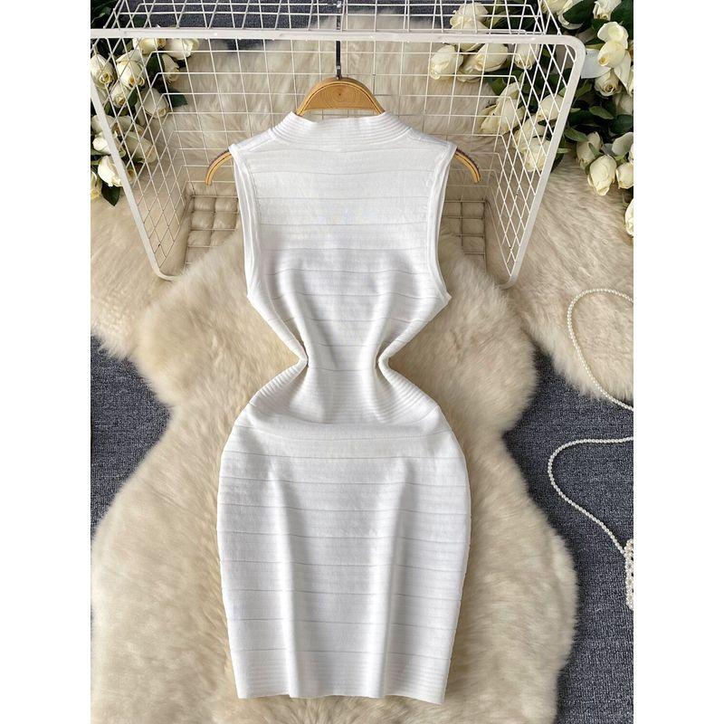 Adult Lady Like Woman Elegance Sleeveless Vest Dress Women's Stylish V Neck Elastic Slim Fit Slimming Sheath Bottom Knitted Dress