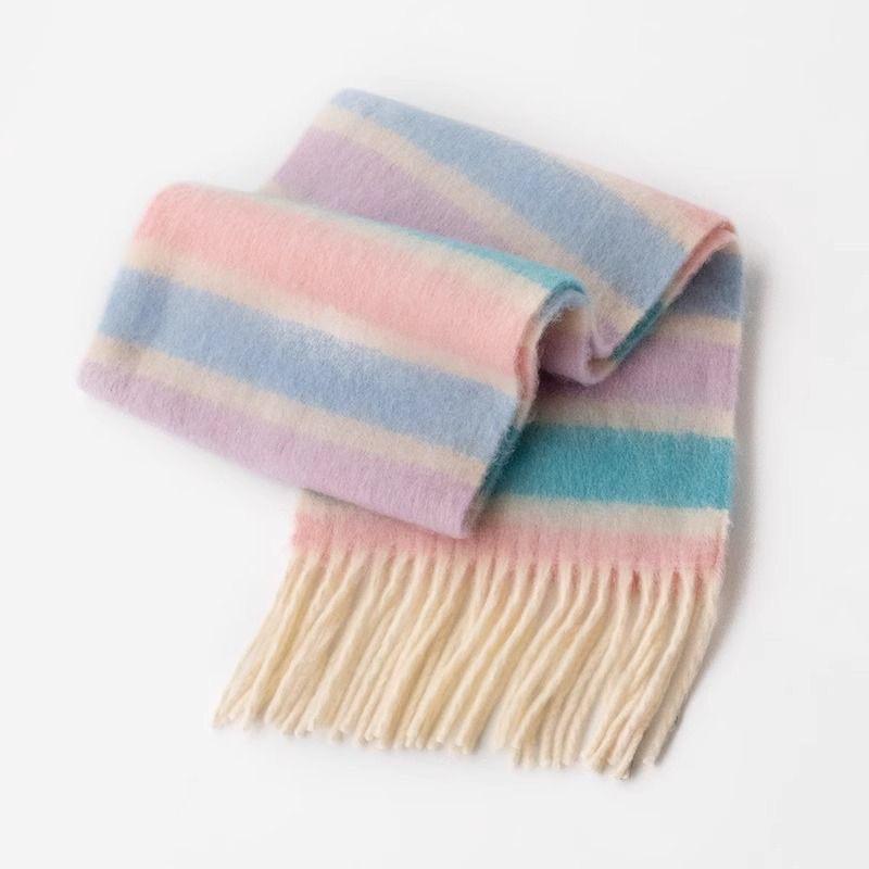 New Colorful Rainbow Scarf Women's Winter Dopamine Senior Student Sweet Warm and Cold Proof Plush Scarf Shawl