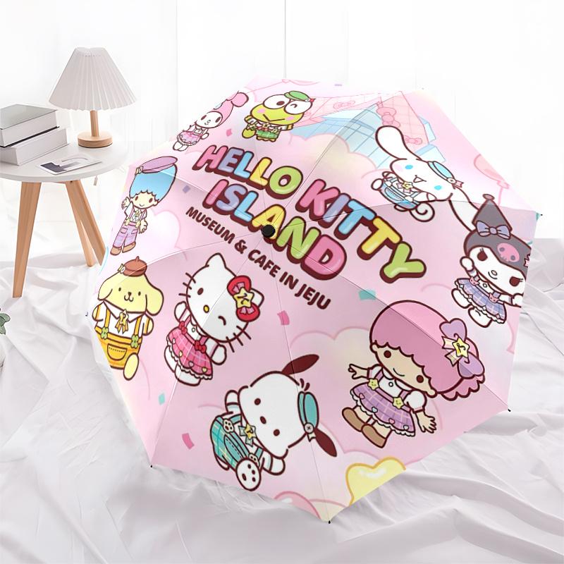 1pc Hello Kitty Island Museum & Cafe in Jeju Automatic Opening Umbrella - Portable Three-Fold Design with 8-Bone Iron Frame, Perfect for Fans, Travele