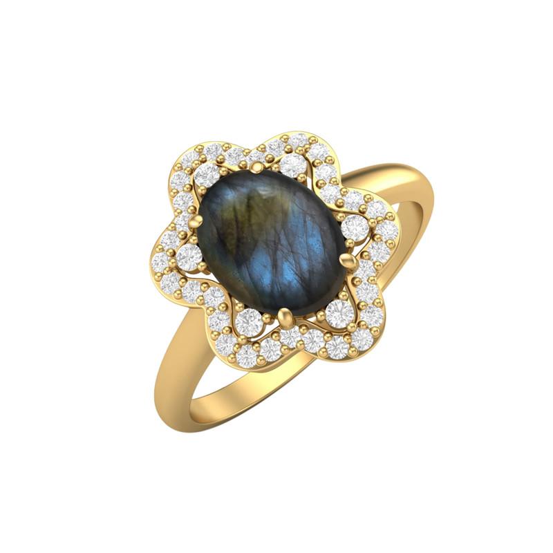 8X6MM Oval Labradorite Gemstone 925 Sterling Silver Gold Plated Solitaire Halo Women Engagement Ring