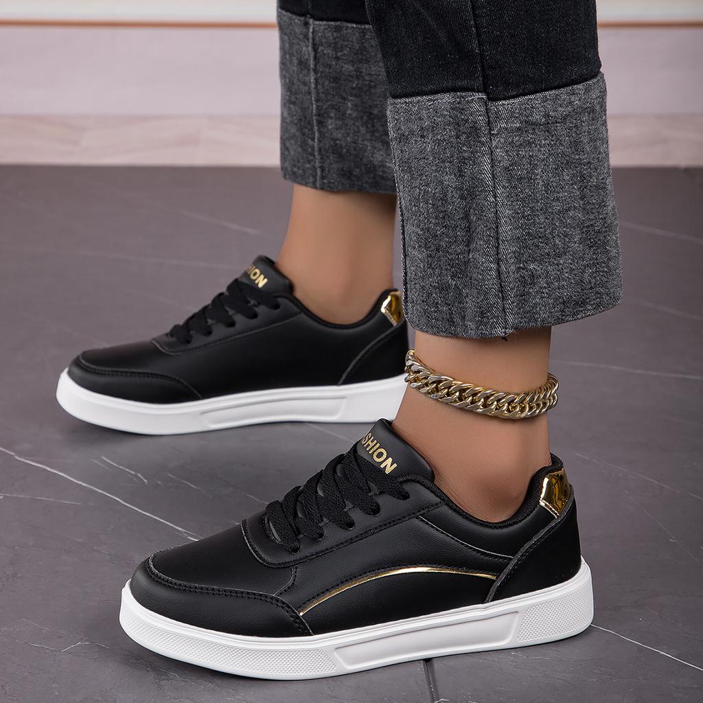 2025 Women's Shoes Trendy Faux Leather Flat Heighten Skate Shoes, Wear Resistance Non Slip Lace Up Sneakers