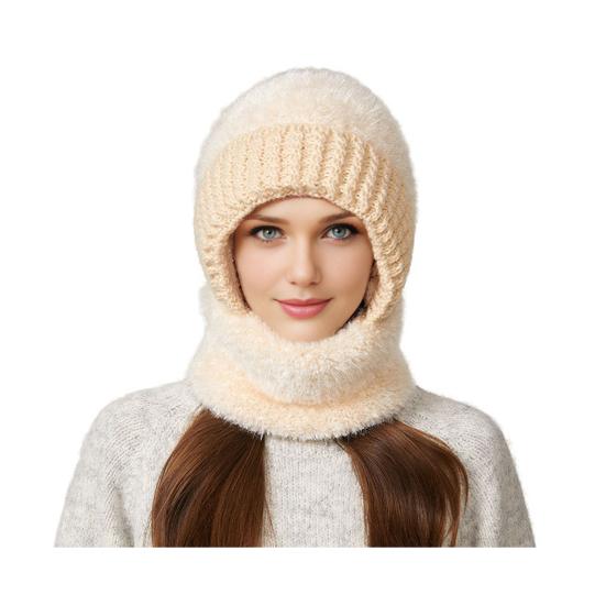 Yousheng Riding Headgear 3 in 1 Hat Scarf Face Guard Solid Color Plush Ball Decor Thickened Warm Windproof Winter Hat