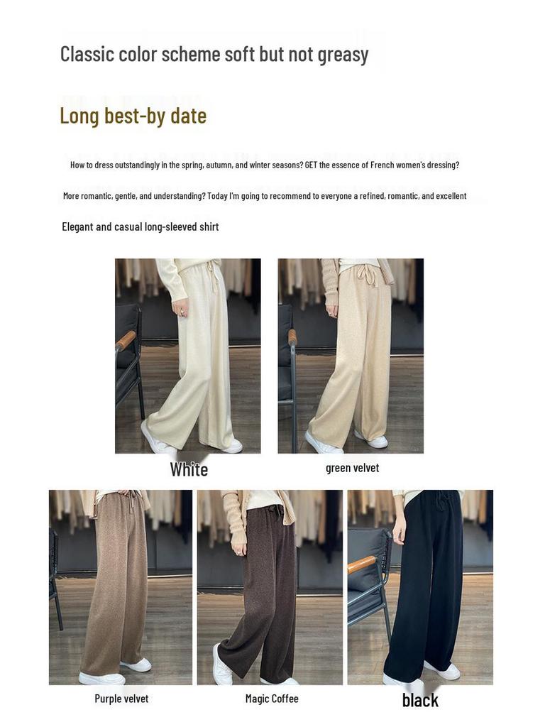 Women's 100% Pure Wool Wide Leg Knitted Pants - High Waist, Thickened, Casual, Long, Autumn/Winter Wear, Cashmere, Straight Leg.