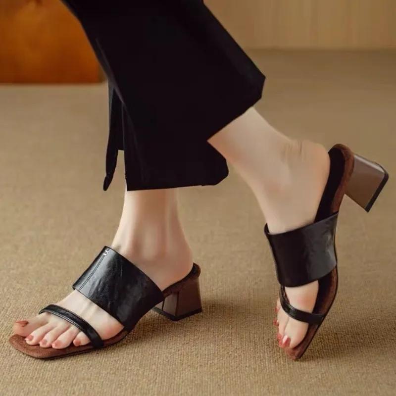 Fashion Elegant Women's High Heels Slippers Retro Heeled Shoes Summer Fashion Sandals Pumps 2025 New Square Toe Chunky Chaussures Femme